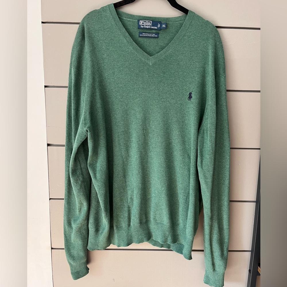 Polo Ralph Lauren Pima Cotton V-Neck Sweater in Forest Green size XL preppy‎